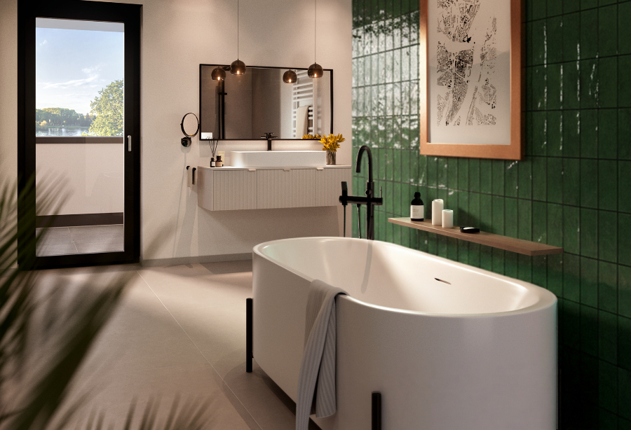 Bad mit klarer Ästhetik – Riverside Living Pfaffendorf