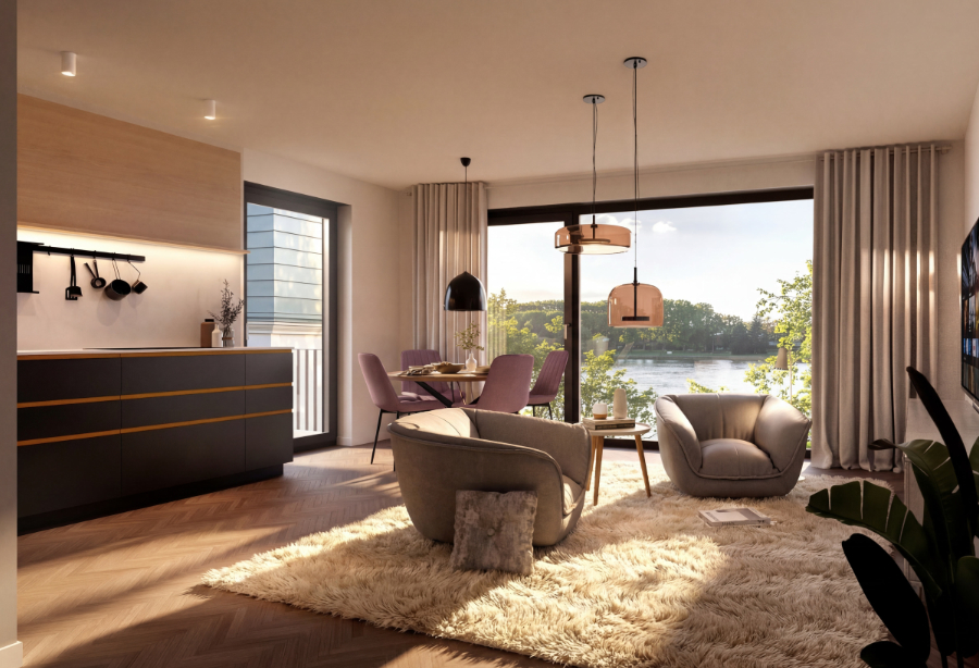 Wohnbereich mit Rheinblick – Riverside Living Pfaffendorf